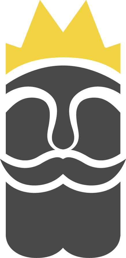 A stylized graphic of a face with a crown, beard, and mustache in black and gray, with a yellow crown.
