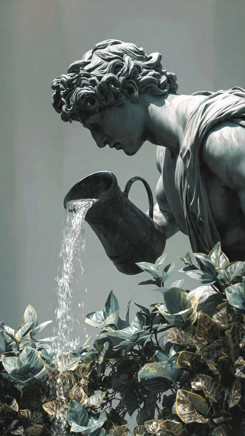 A marble statue of a man with curly hair pouring water from a pitcher onto plants.