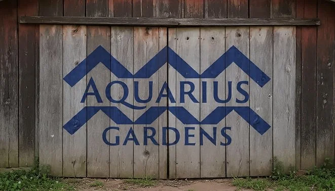Wooden fence with a blue sign that reads 'Aquarius Gardens' and features a stylized mountain or wave design.
