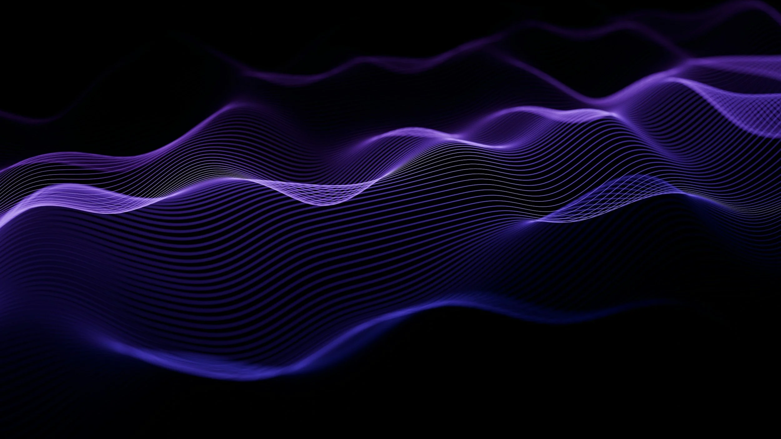 Abstract digital art with purple glowing lines forming wave patterns on a black background.