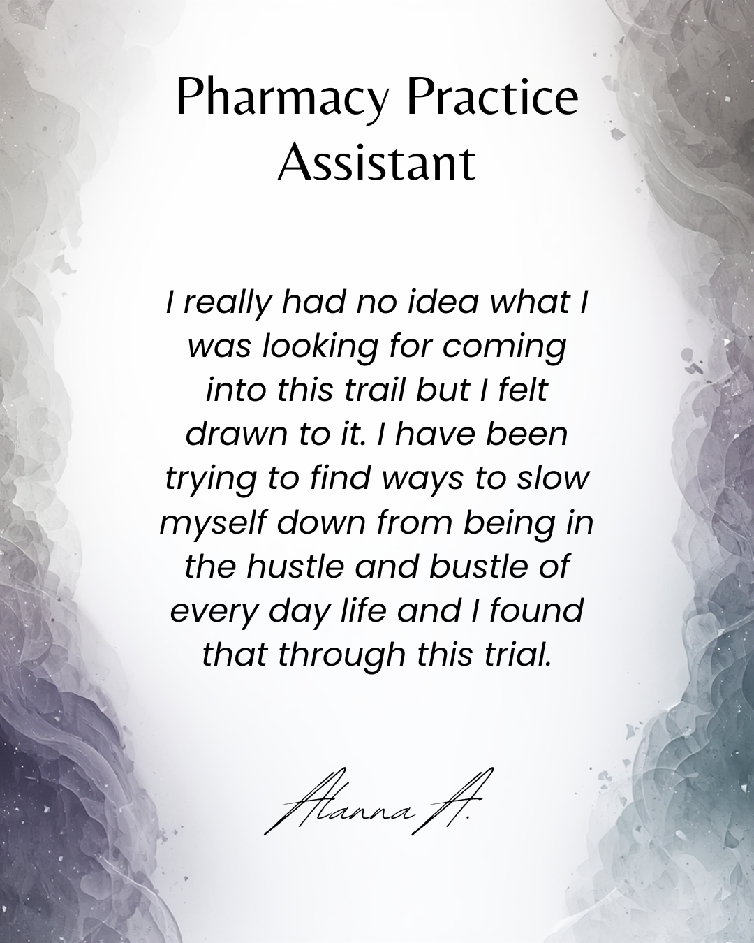 Inspirational quote about perseverance and finding purpose, signed by Annna A., with a watercolor background in shades of gray, white, and purple.