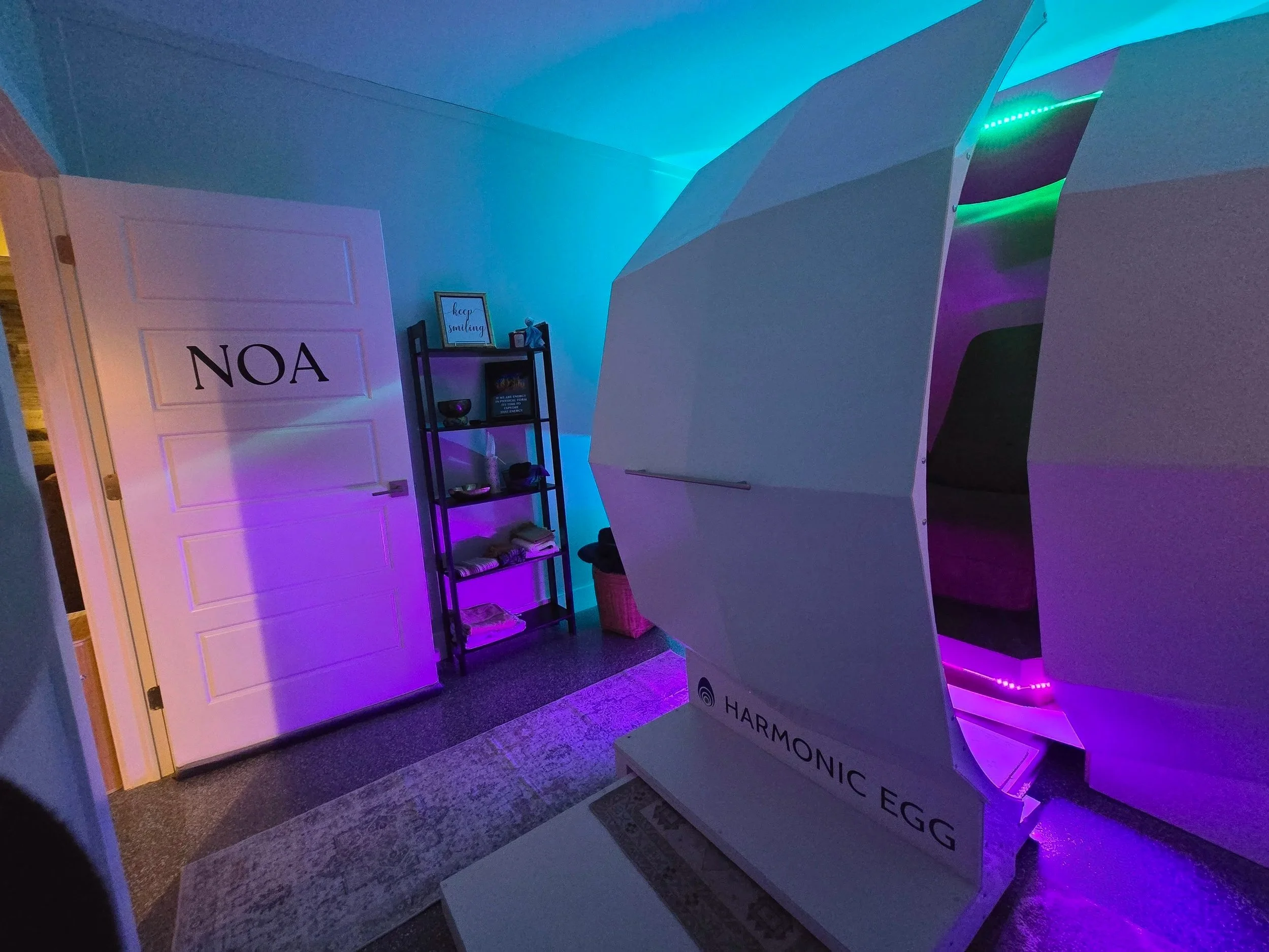 A room with a door labeled 'NOA,' a black shelf with various items, a framed quote, and a futuristic pod labeled 'HARMONIC EGG' with colorful LED lighting.