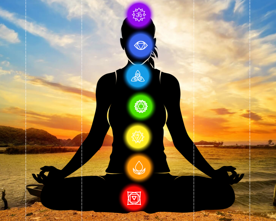 Silhouette of a person in a lotus yoga pose meditating by a lake at sunset with seven colorful chakras aligned along their body.