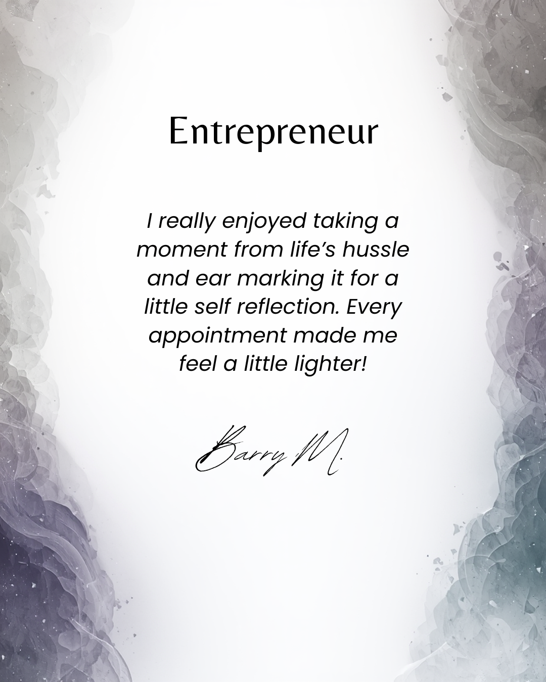 A quote card with a white background and gray watercolor border, featuring gratitude for entrepreneurship by Barry M.