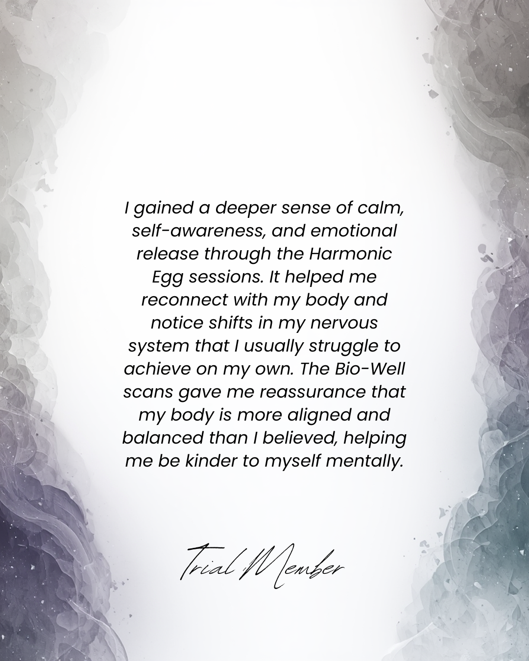A testimonial with meditation or healing themes, featuring a calming grey and white abstract background with a quote about the benefits of Harmonic Egg sessions for emotional and mental well-being.