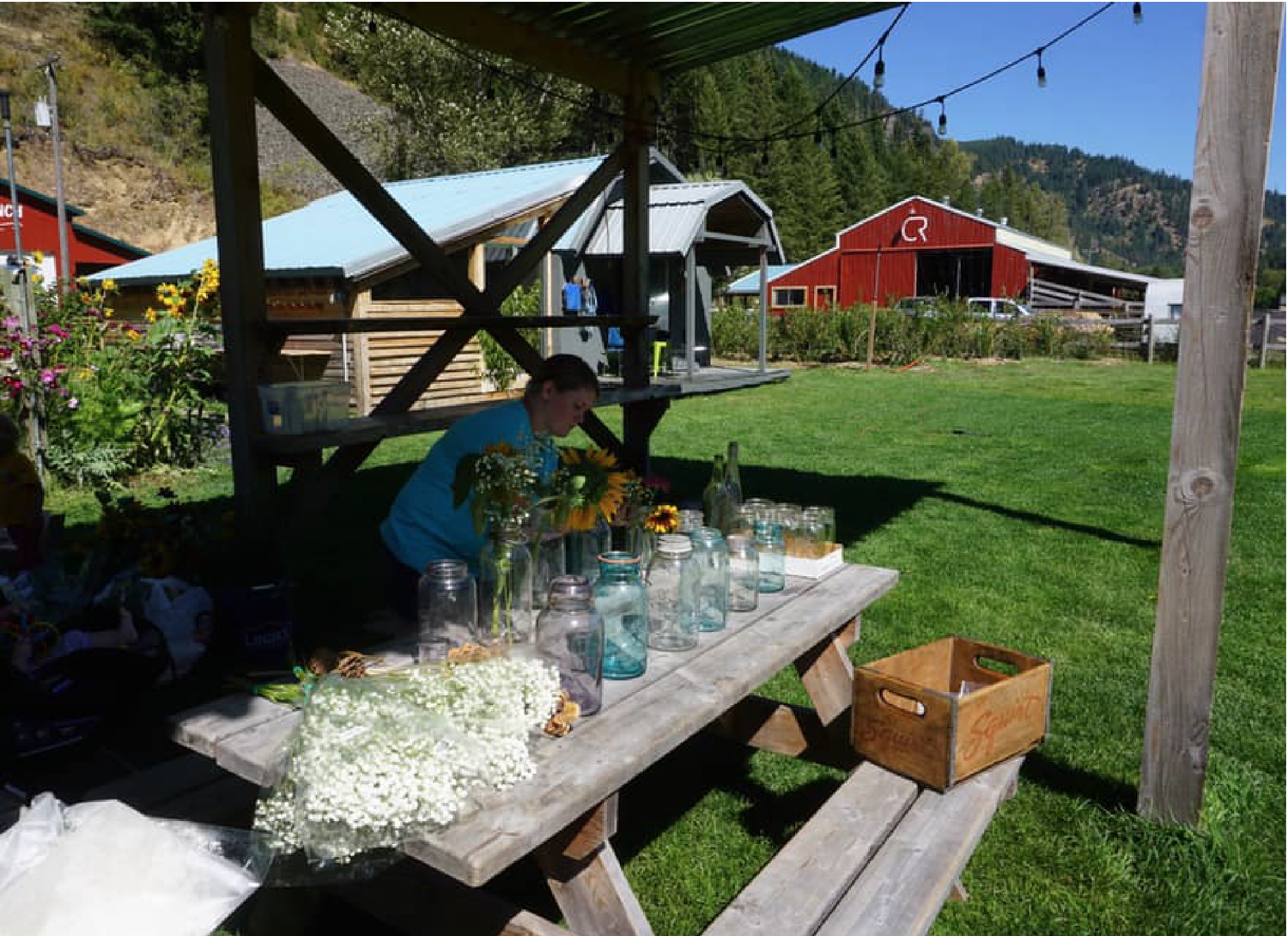 A woman arranging jars and flowers on a rustic wooden picnic table under a shaded outdoor structure at a farm or rural venue with red barn buildings and green hills in the background.