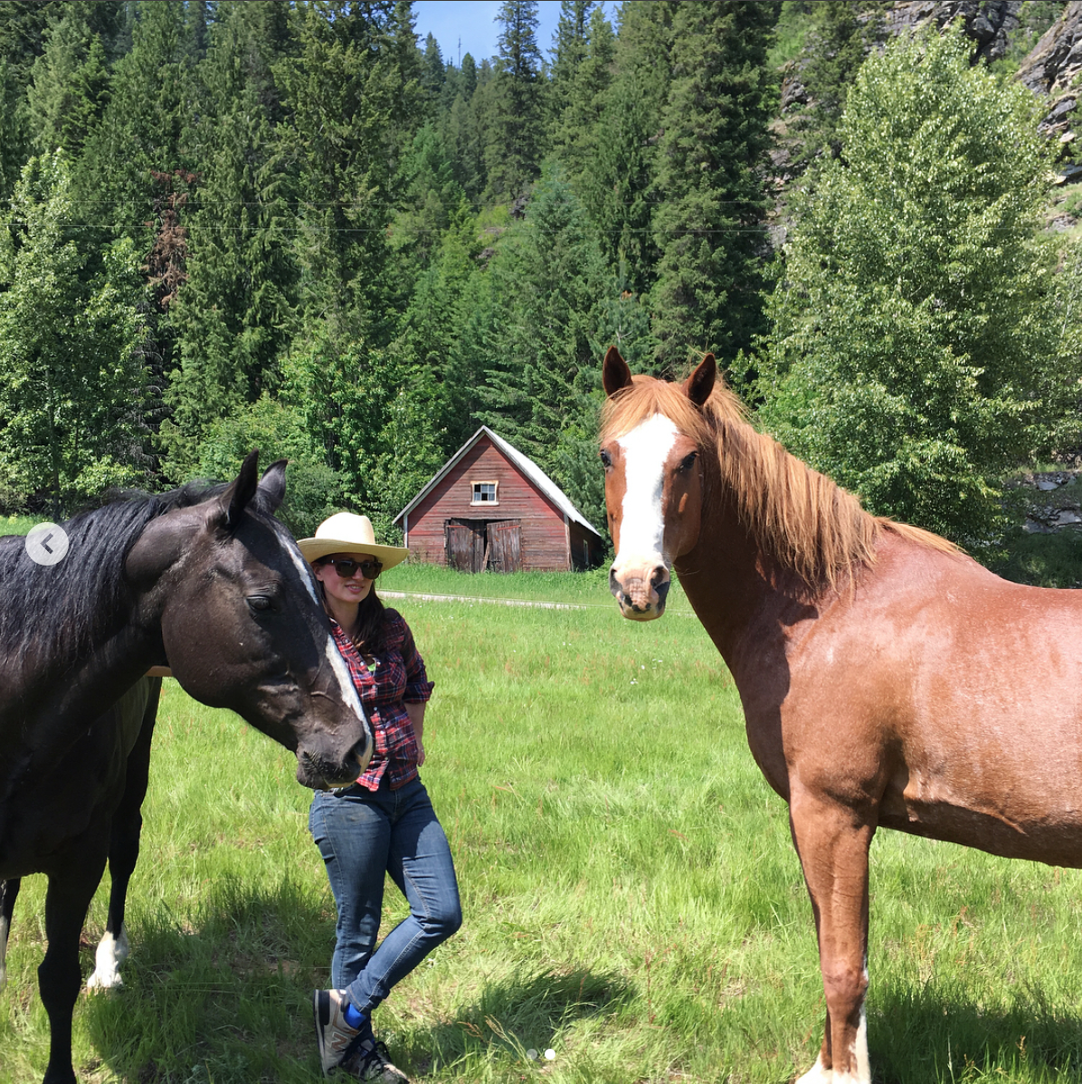 A woman in a plaid shirt, jeans, sunglasses, and a wide-brimmed hat standing outdoors in a grassy field between two horses, one black and one brown, with a rustic barn and lush green trees in the background on a sunny day.