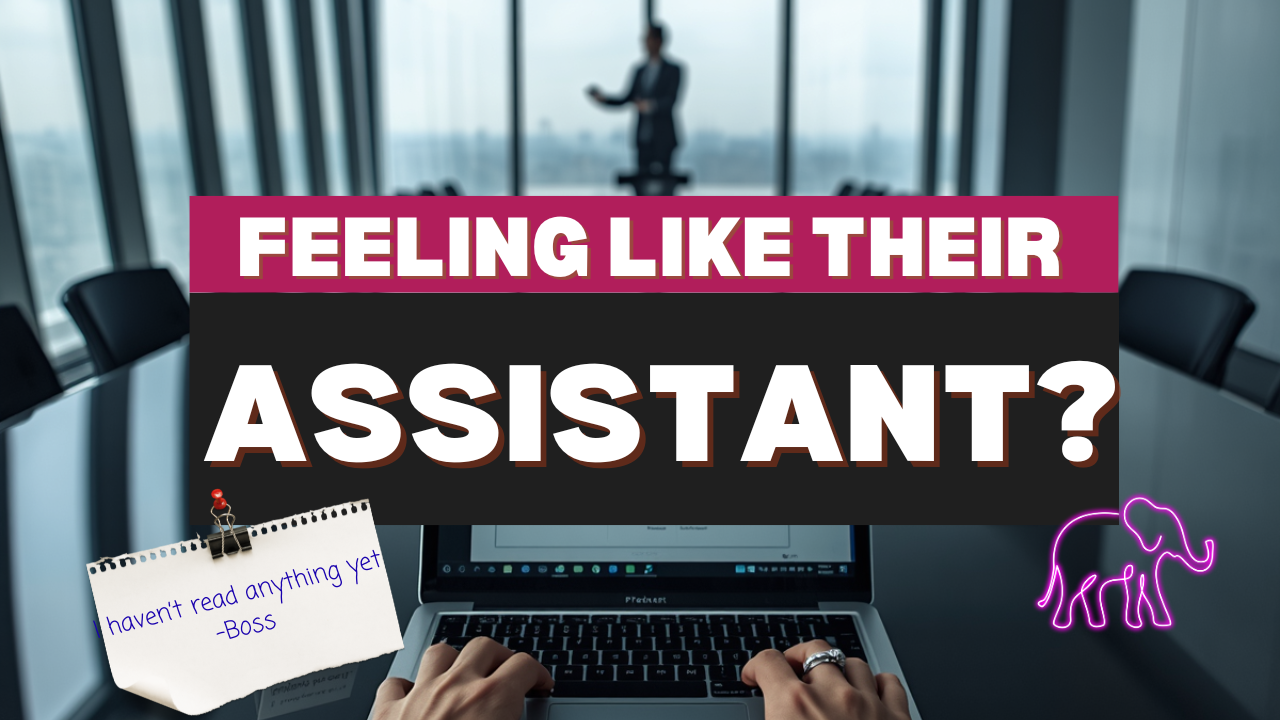 A person typing at a laptop in a corporate boardroom while a suited figure presents in the blurred background — representing the invisible managing-up dynamic. Brave Proximity podcast S1 E15.
