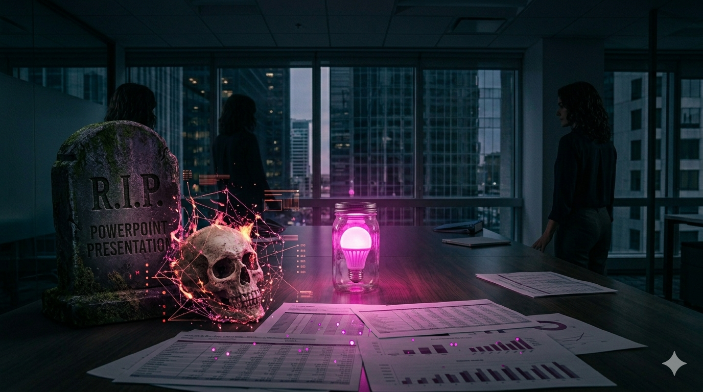 A high-contrast cinematic boardroom scene. On a reflective glass table sits a tombstone for POWERPOINT PRESENTATION and a realistic skull integrated into a glowing magenta-purple data schematic. The central fuchsia light bulb casts the only light.