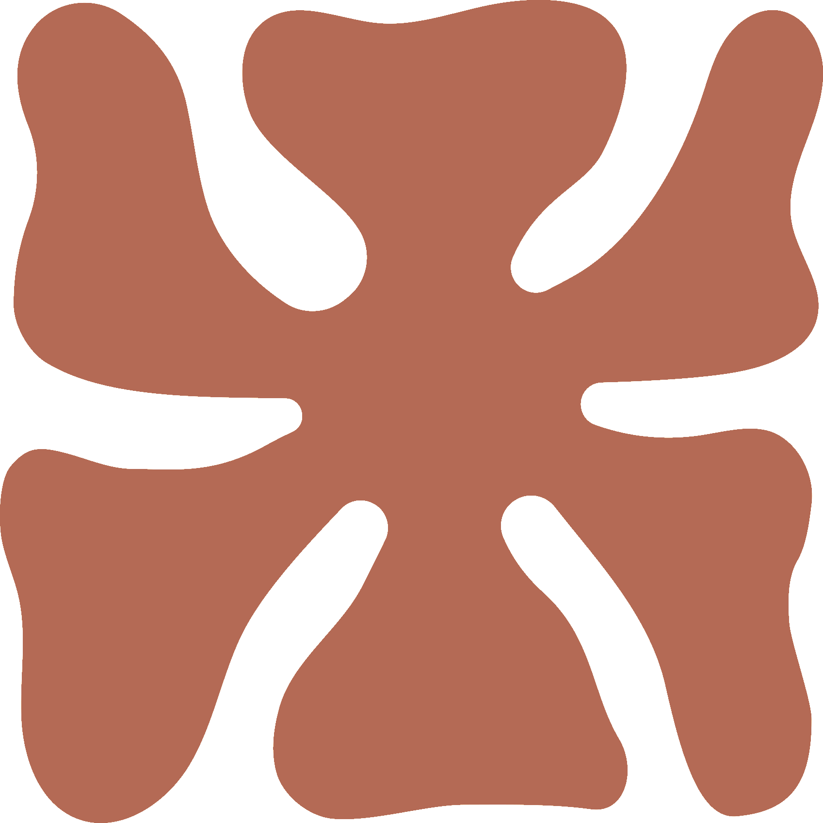 A stylized, abstract image resembling a flower with five brown petals and black centered shapes.