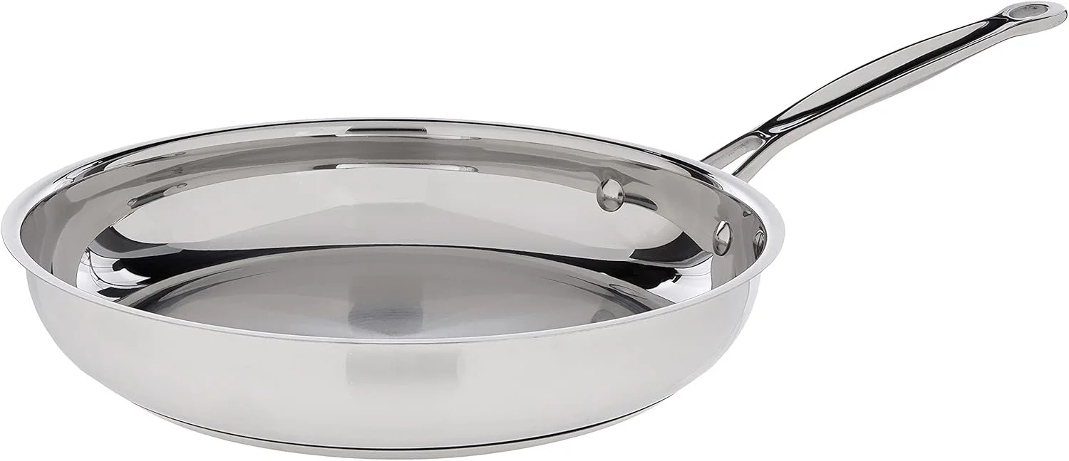 Stainless steel frying pan with a handle.