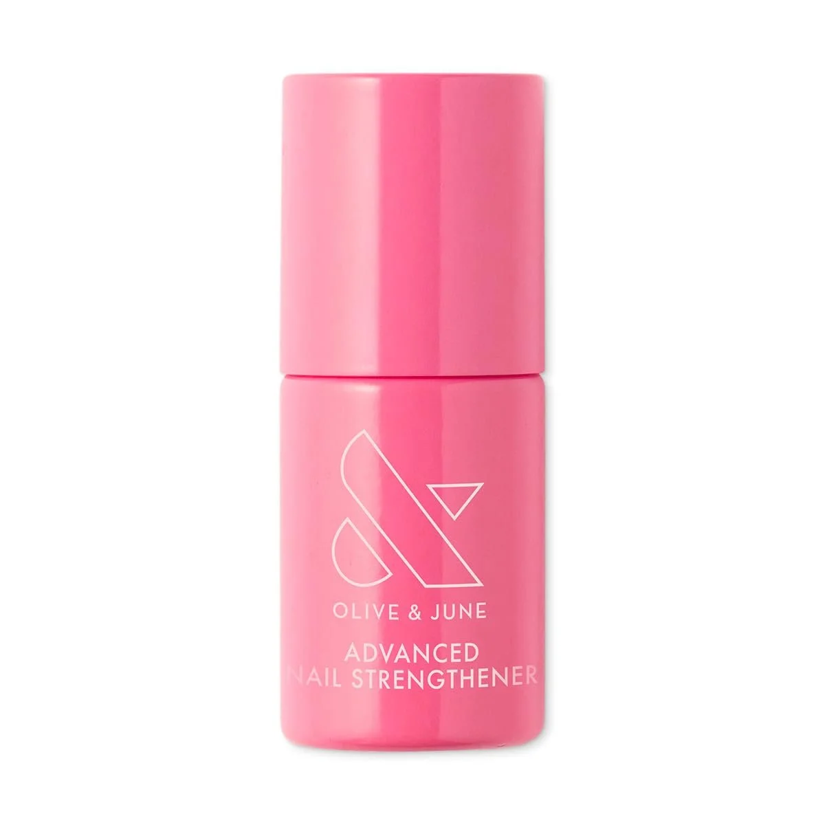 Pink bottle of Olive & June Advanced Nail Strengthener with white text and logo.