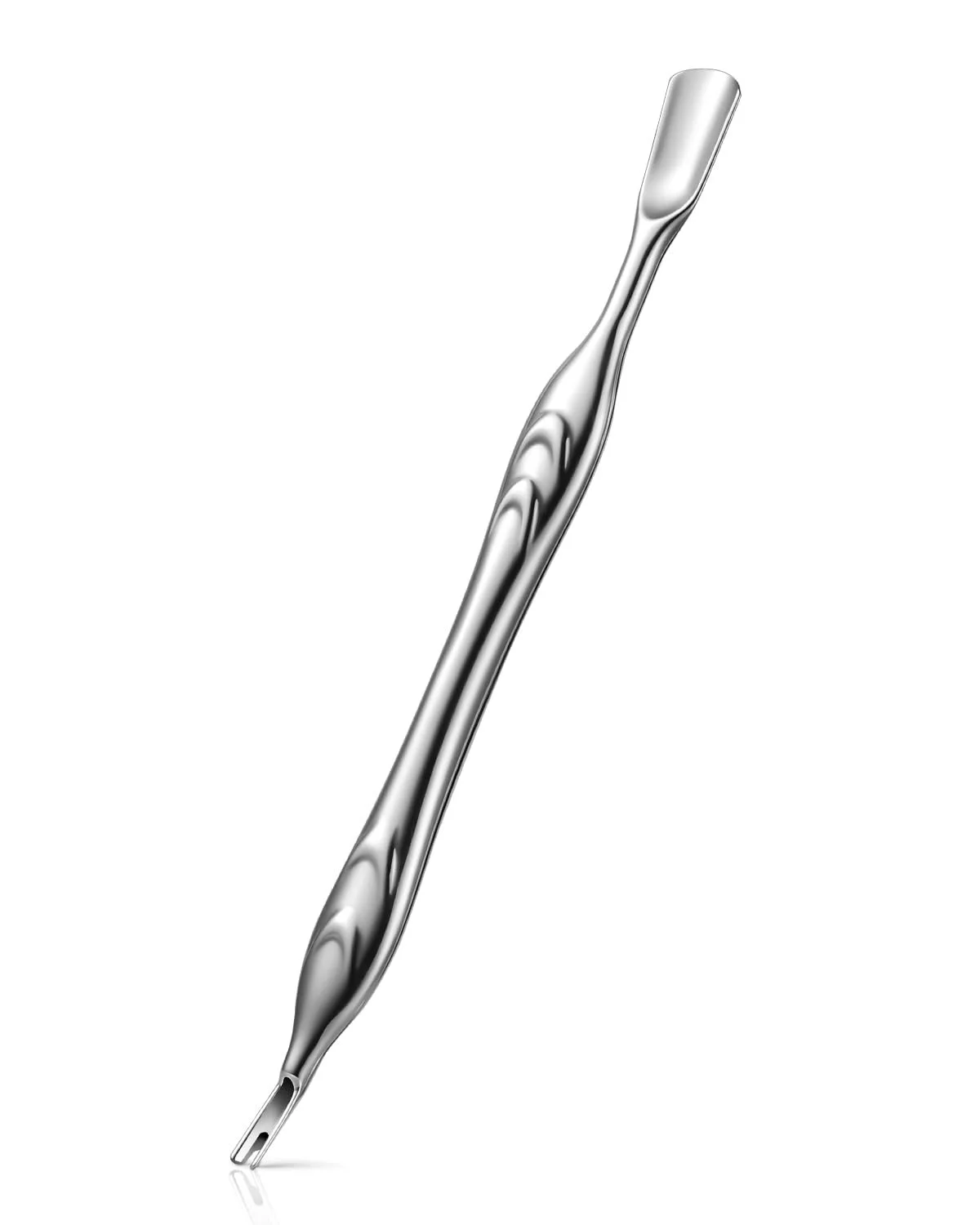 A metal tongue cleaner with a curved shape and flat cleaning edge.
