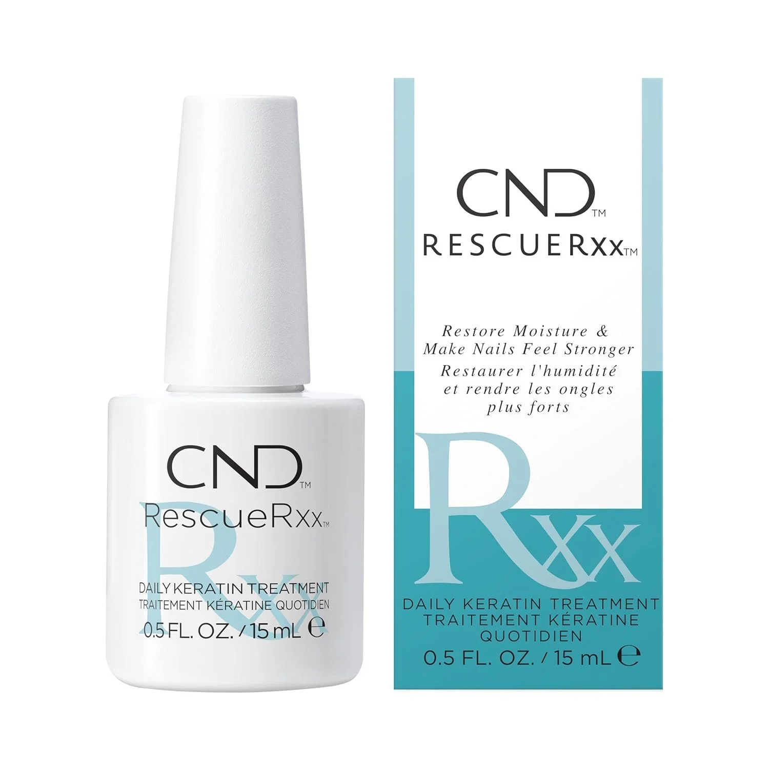 Bottle of CND RescueRx daily keratin treatment nail polish and its packaging box.