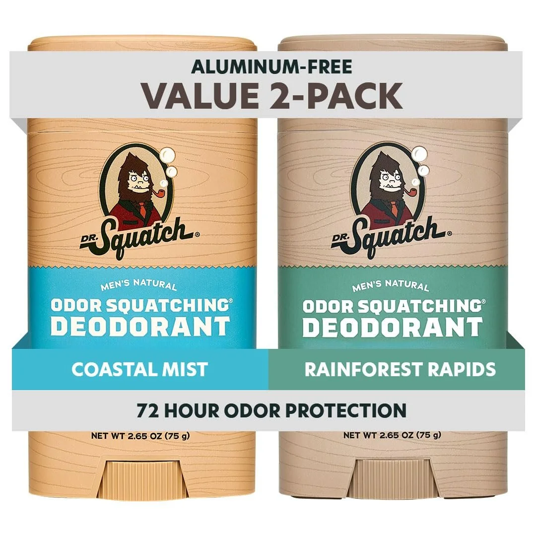 Two cans of Dr. Squatch men's odor squatching deodorant, with labels showing coastal mist and rainforest rapids scents, promoted as aluminum-free with 72-hour odor protection.