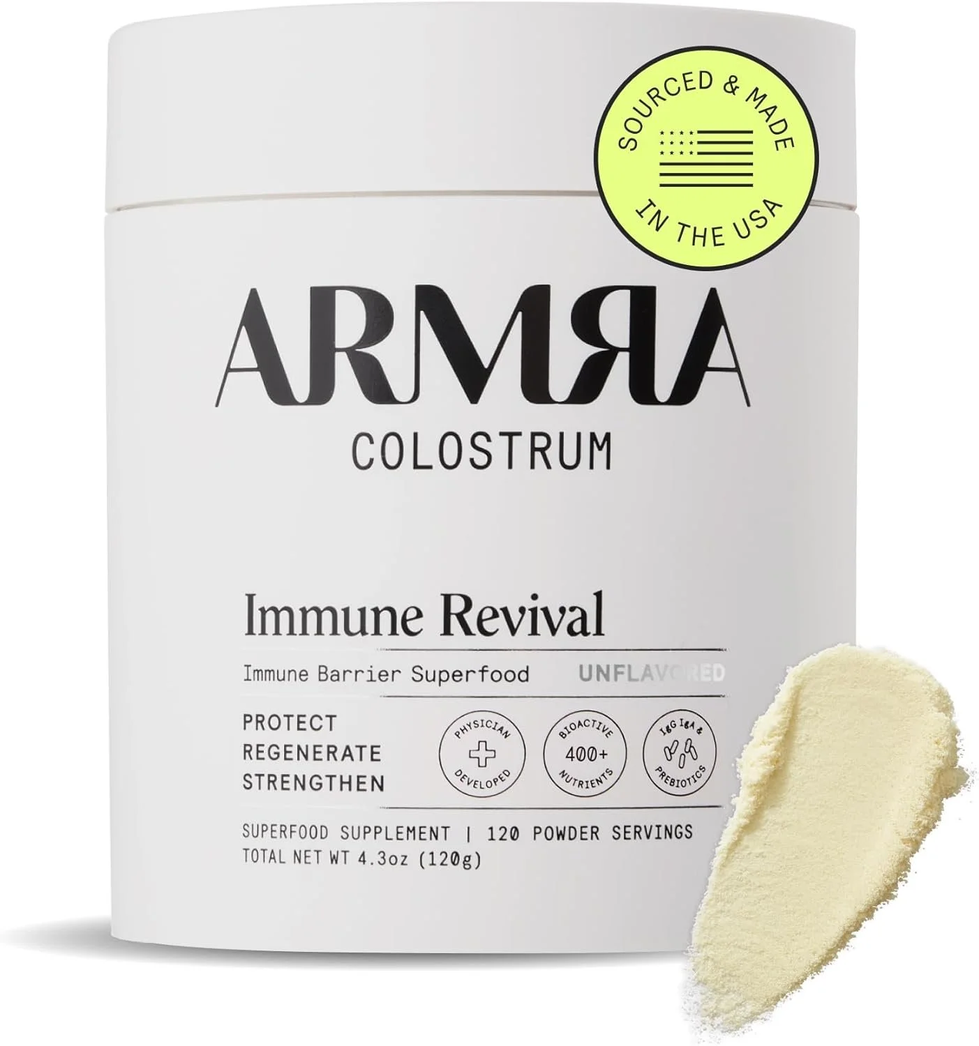 A container of ARKARM DHA Colostrum supplement with a scoop of powder in front of it, labeled as an immune revival superfood sourced and made in the USA.