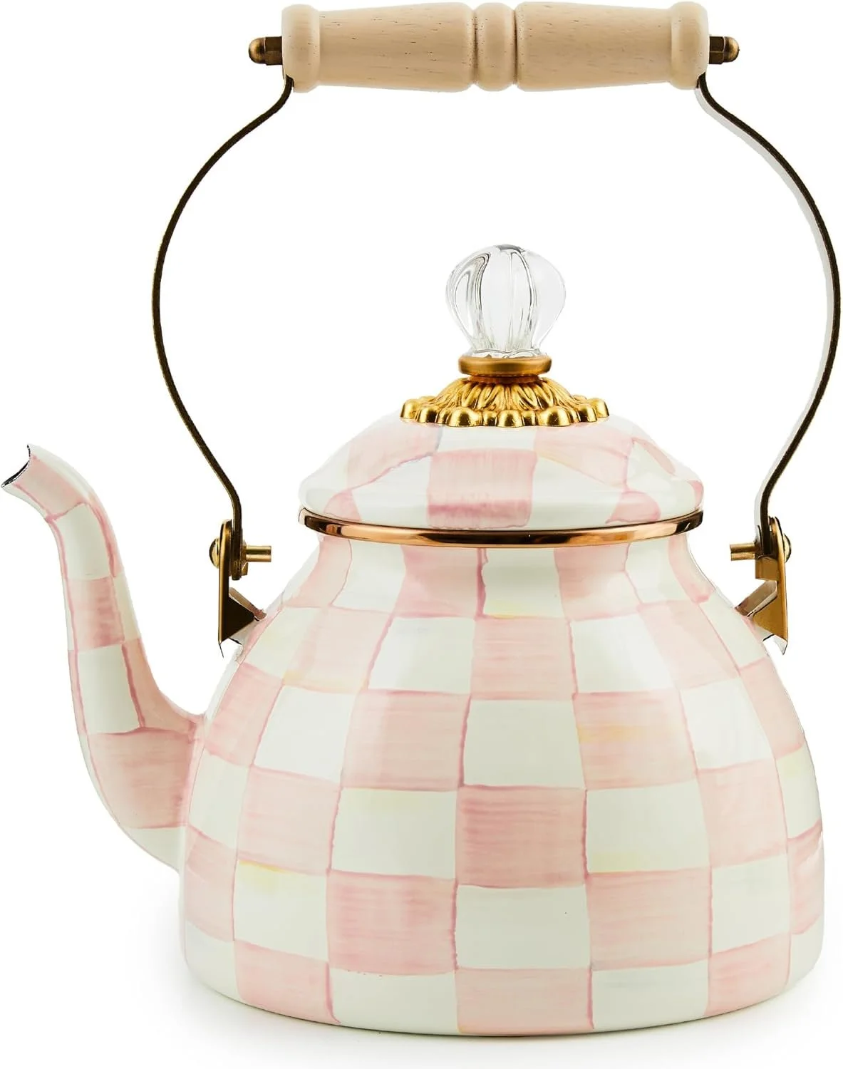A pink checkered porcelain teapot with a clear glass knob on the lid, gold accents, and a wooden handle.