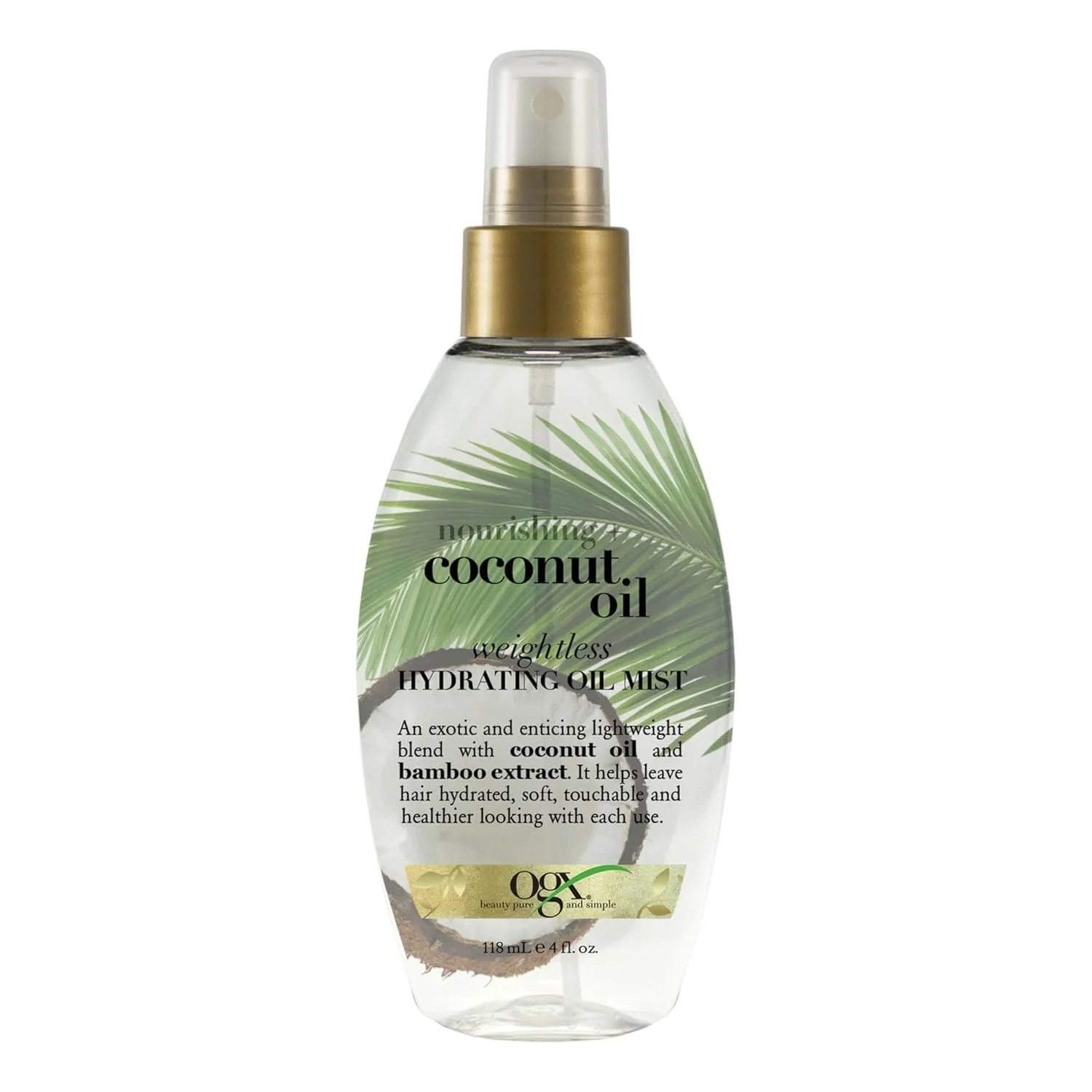 Bottle of nourishing coconut oil weightless hydrating oil mist with bamboo extract from OGX, featuring green palm leaf design on the label.