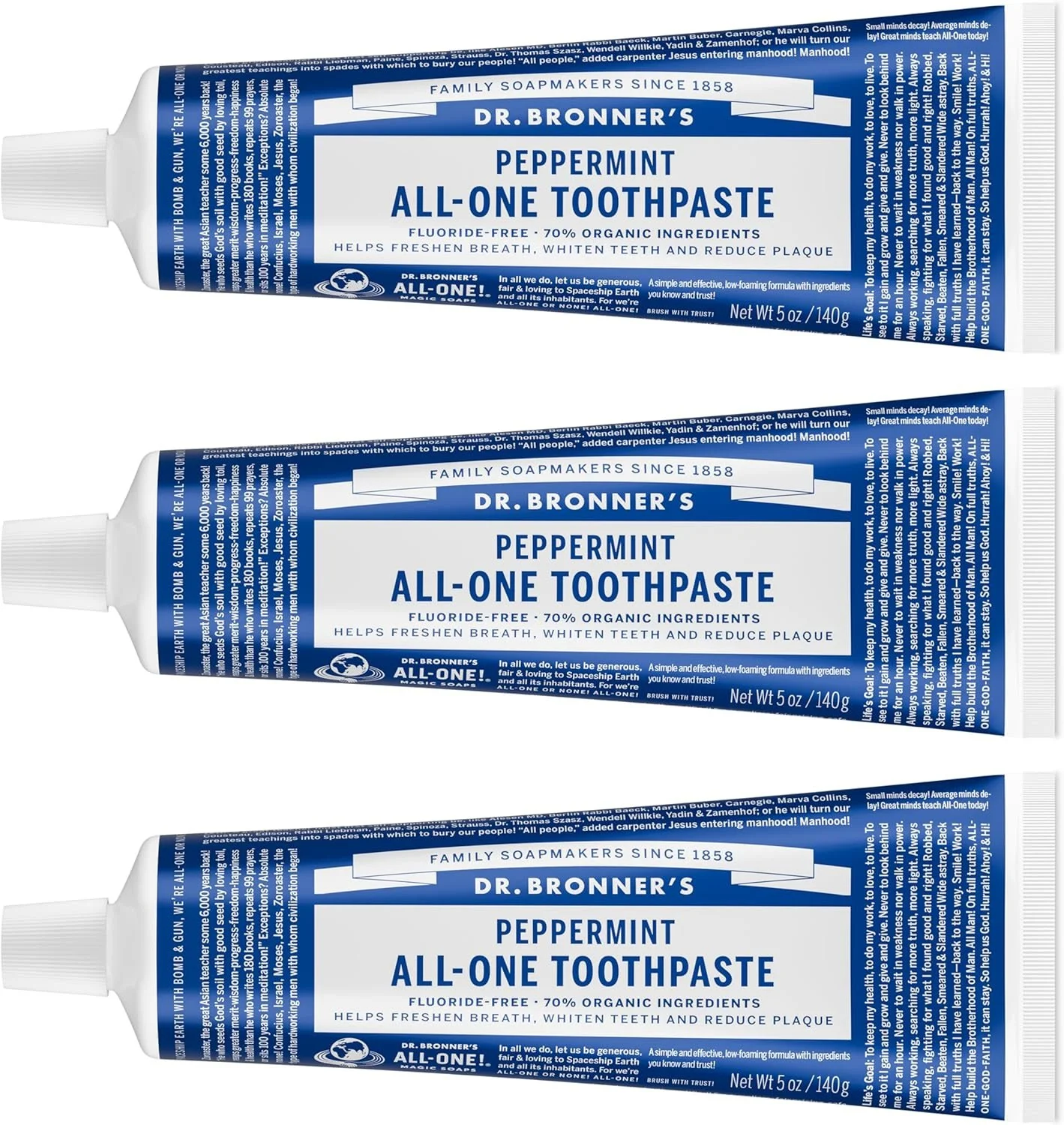 Three tubes of Dr. Bronner's peppermint all-in-one toothpaste, each with blue and white packaging.