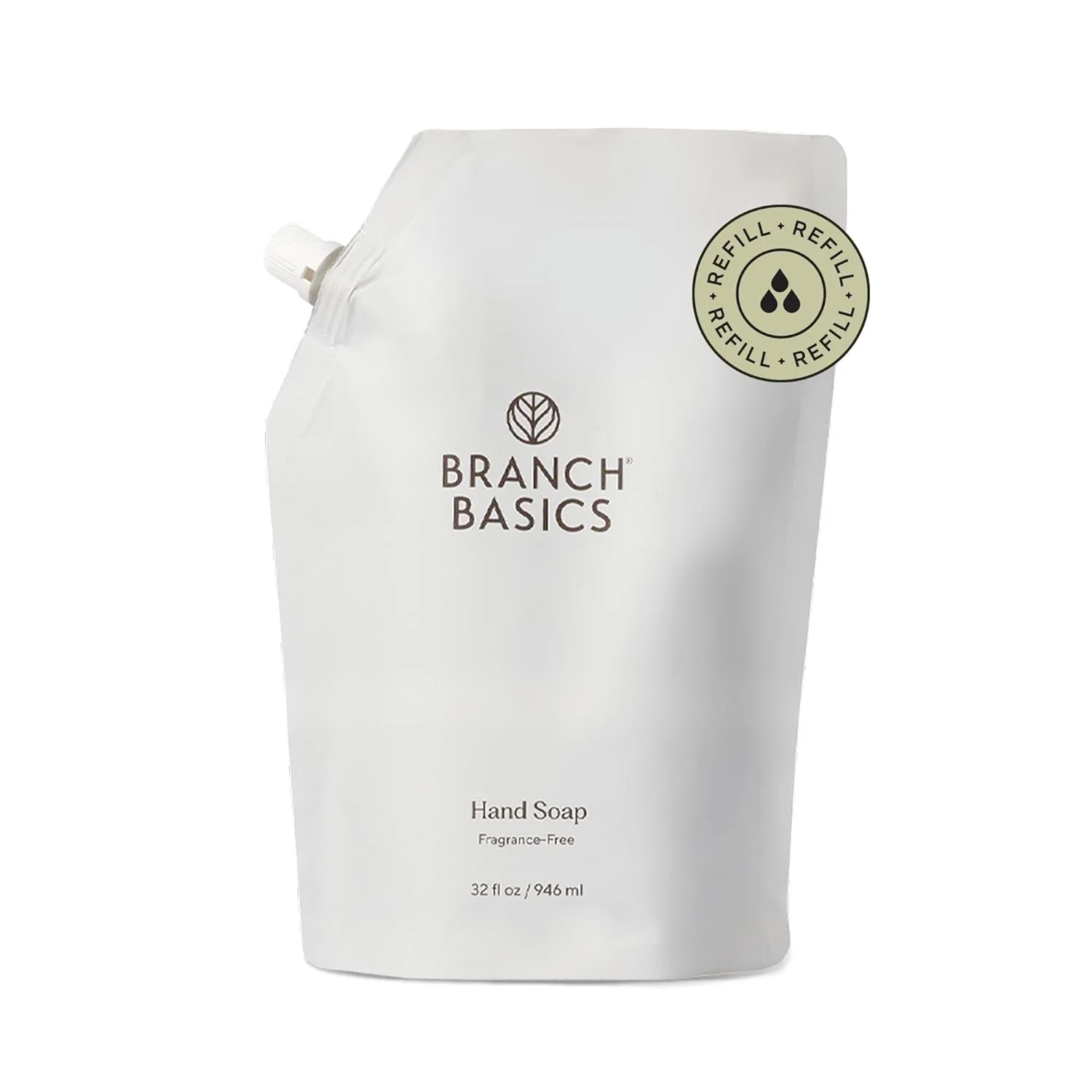 A refill pouch of Branch Basics hand soap, fragrance-free, with a nozzle at the top and a label indicating it contains 32 fluid ounces of soap.