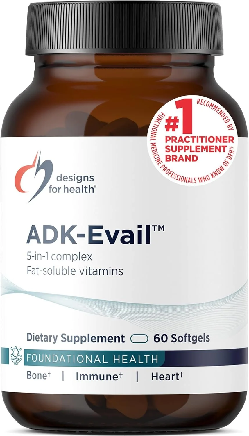 A brown bottle of ADK-Evail dietary supplement with 60 softgels, labeled as a 5-in-1 complex of fat-soluble vitamins for foundational health, including bone, immune, and heart health.