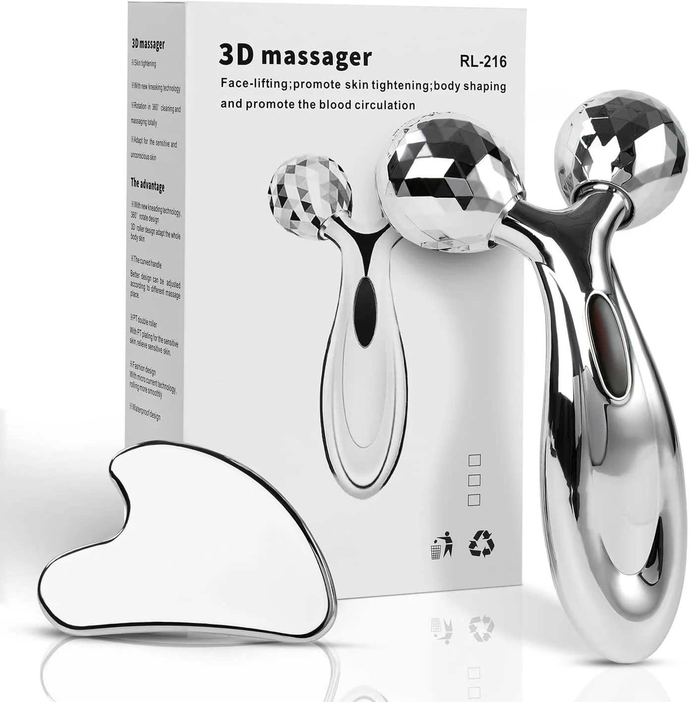 A boxed 3D face-lifting massage device with a silver handle and reflective, faceted ball heads, placed next to a cloud-shaped mirror and recycling symbols.