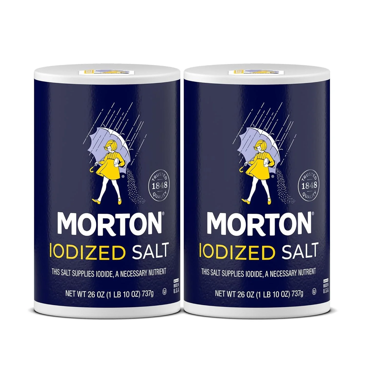 Two cans of Morton Iodized Salt with a navy blue background, featuring an illustration of a woman holding an umbrella in the rain.