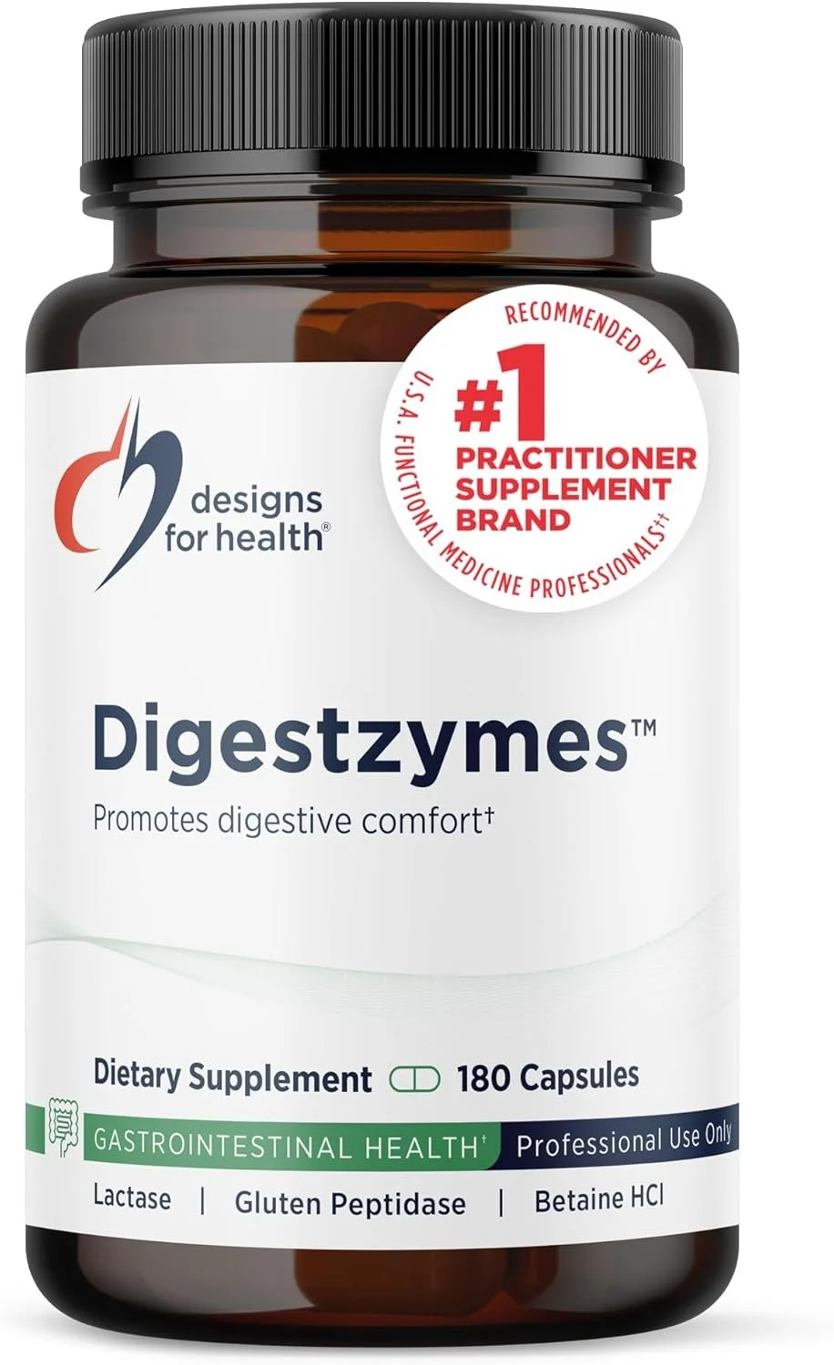 A bottle of Digestzymes dietary supplement capsules, recommended as the #1 practitioner brand, promoting digestive comfort and gastrointestinal health.