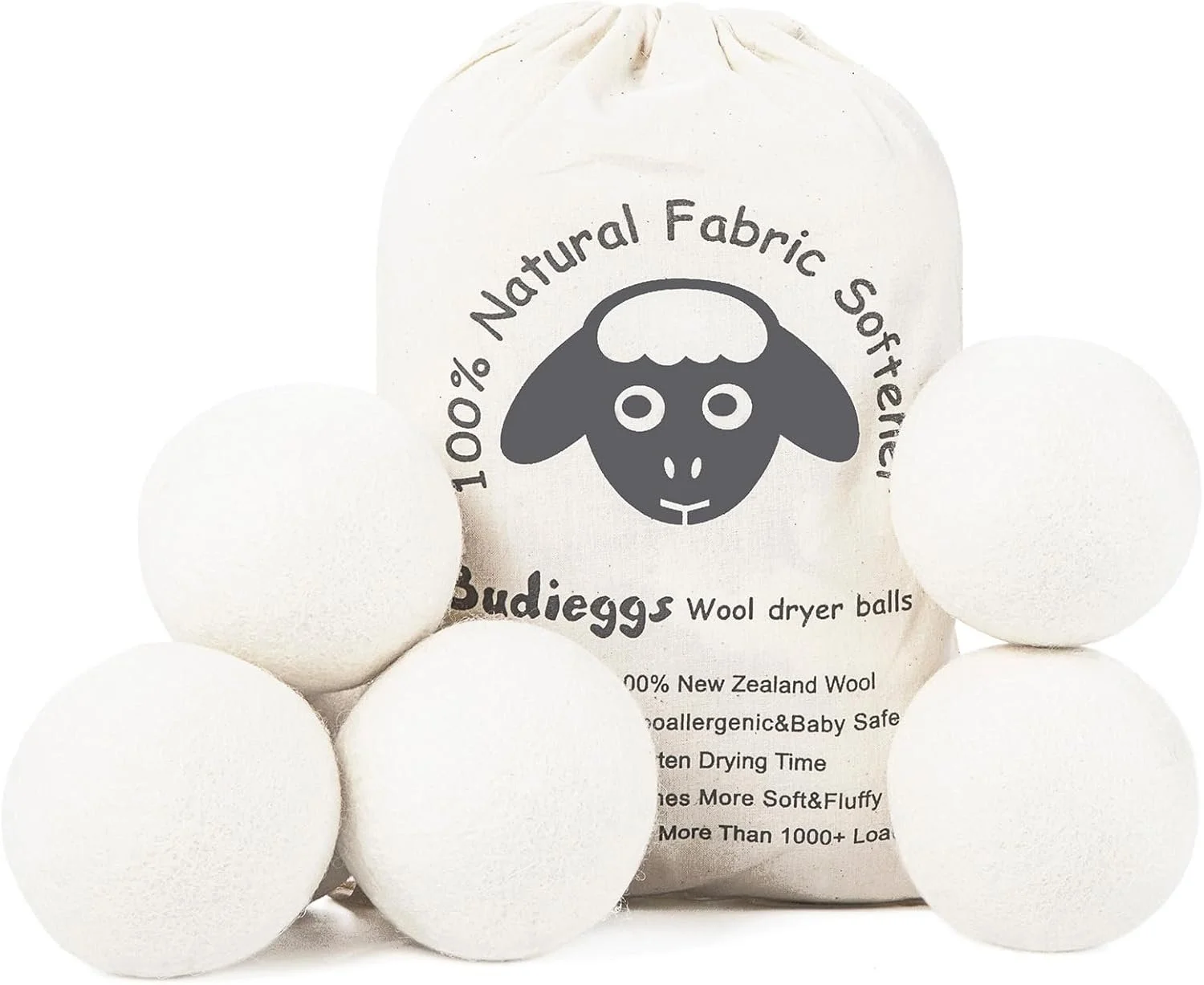 A package of Dudiegss wool dryer balls with six white dryer balls arranged around the package. The package is white with a black sheep logo and text indicating 100% natural, allergy-friendly, baby safe, and made from New Zealand wool.