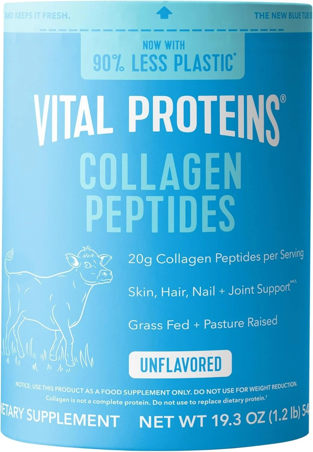 Blue packaging for Vital Proteins Collagen Peptides dietary supplement, featuring a cow illustration, and labels indicating the product contains 20g collagen per serving, supports skin, hair, nails, joints, made from grass-fed and pasture-raised sources, unflavored, and weighs 19.3 ounces.