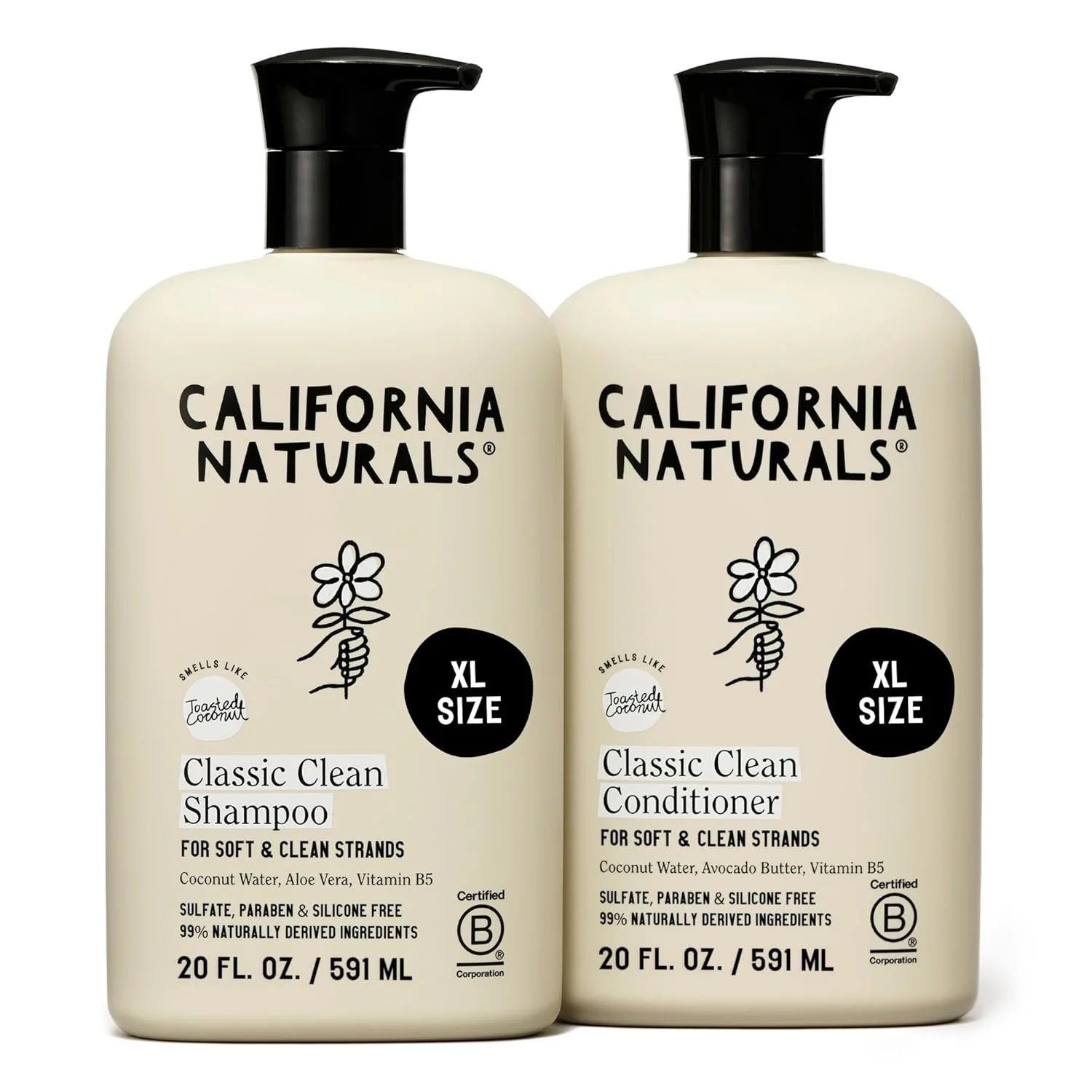 Two bottles of California Naturals hair care products, one labeled 'Classic Clean Shampoo' and the other 'Classic Clean Conditioner,' both in XL size, with black pump dispensers, cream-colored bottles, and simple black and white labels.