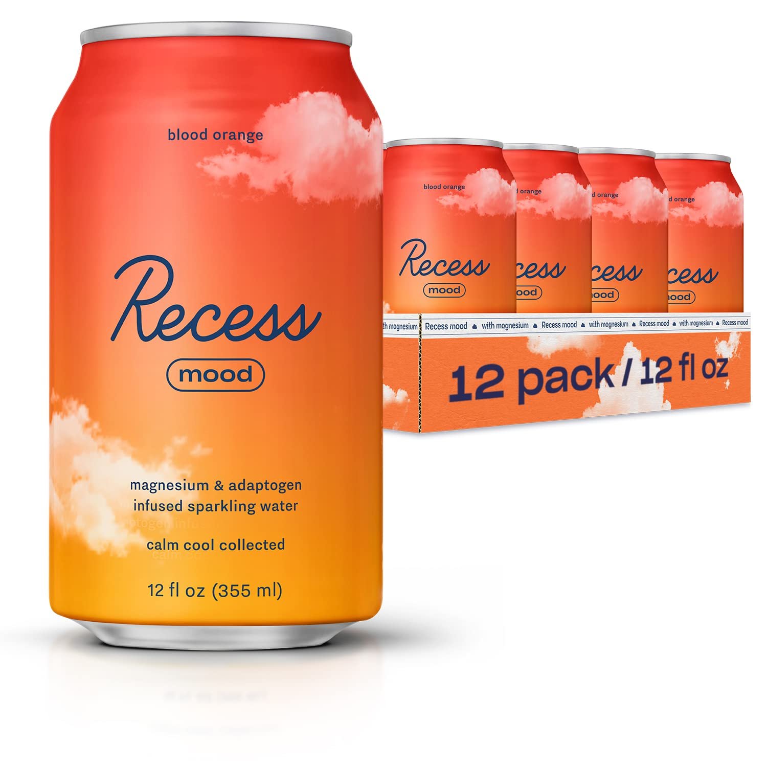 A can of Recess mood sparkling water with orange cloud design, labeled as blood orange flavor, and a 12-pack of cans in the background.