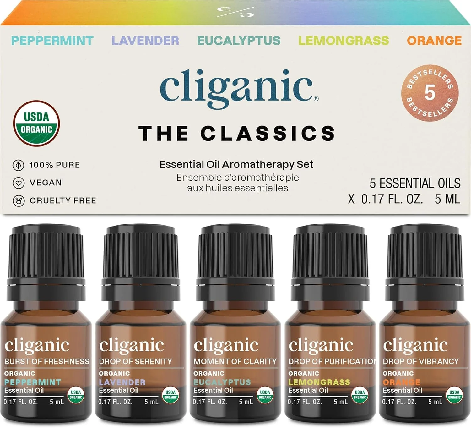 Box of Cliganic essential oil aromatherapy set with five small brown bottles labeled peppermint, lavender, eucalyptus, lemongrass, and orange, each containing 0.17 fluid ounces.
