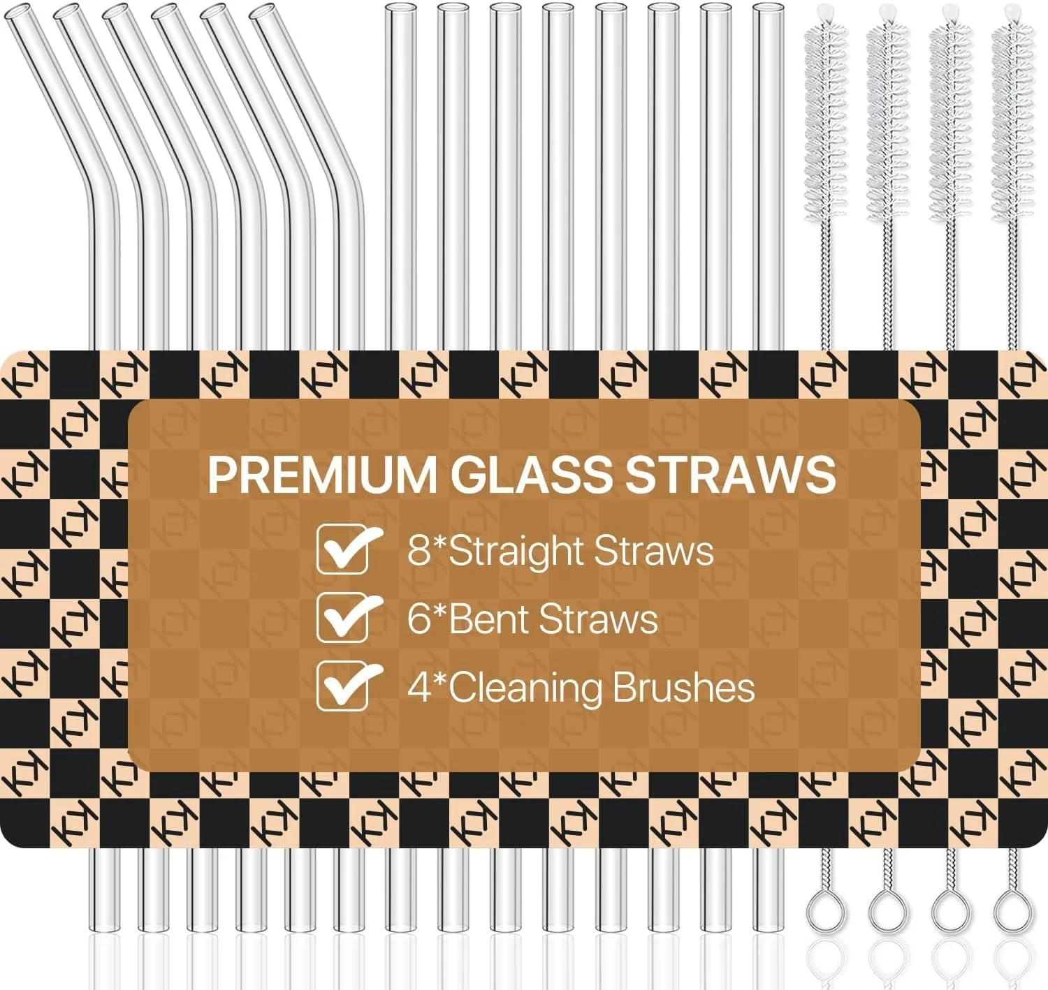A package of premium glass straws, including 8 straight straws, 6 bent straws, and 4 cleaning brushes.