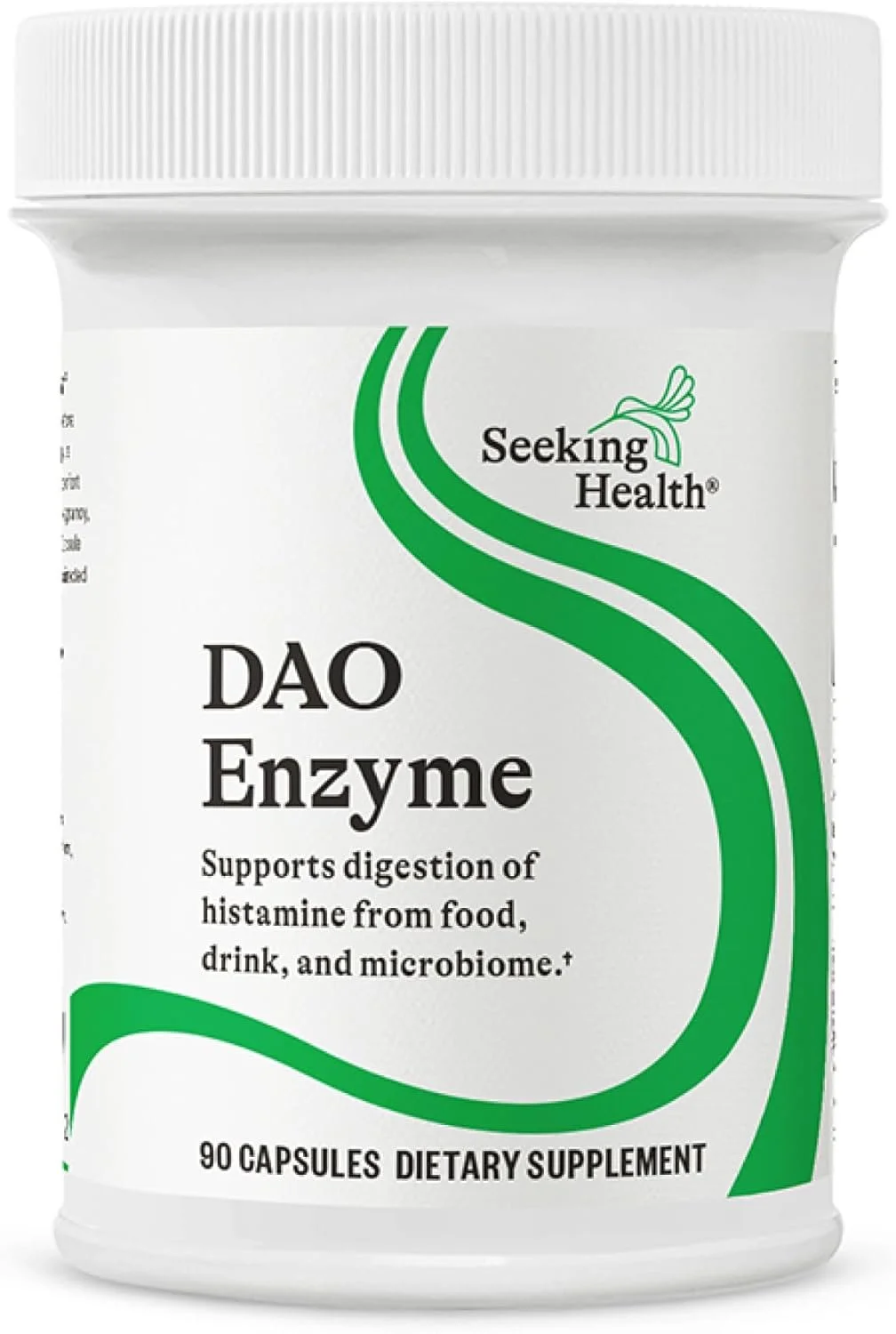 Bottle of Seeking Health DAO Enzyme dietary supplement with a white label and green accents, containing 90 capsules.