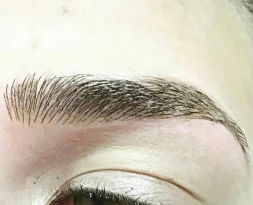 Close-up of an eyebrow, closed eye with light eyeshadow in neutral tones.