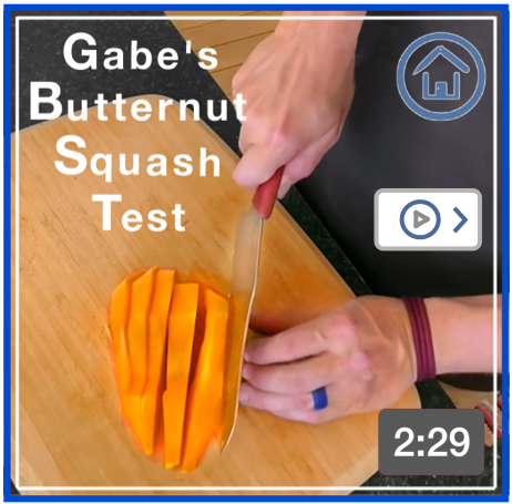 Gabe cutting butternut squash with DBx chef knife — New Zealand knife expert review