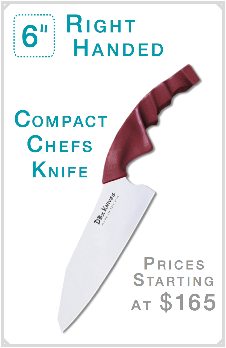 DBx Knives 6-inch right-handed Compact Chef Knife. Asymmetrical hand-optimized handle, sized-to-fit from 14 right-hand variants. Available in red, black or blue. Made in the USA. Prices starting at $165.