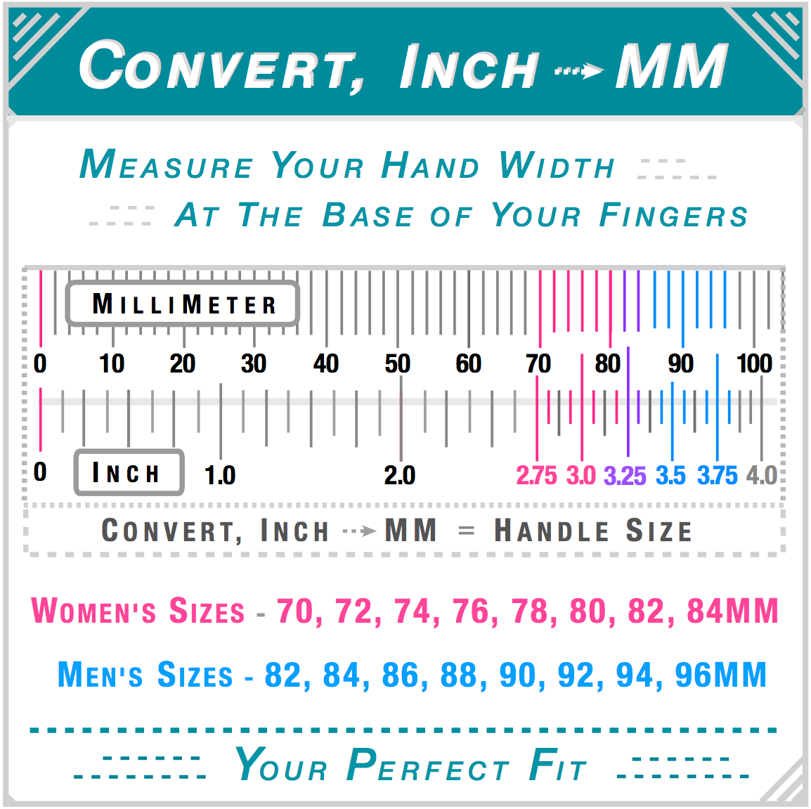 Ruler chart converting inches to millimeters for hand width measurement at the base of the fingers, showing DBx women's sizes 70 to 84mm and men's sizes 82 to 96mm.