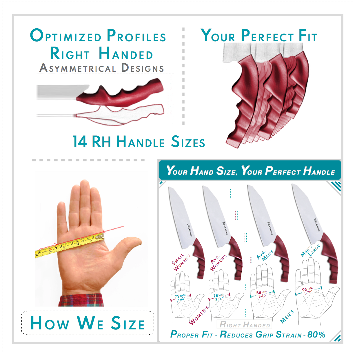 DBx right-handed optimized asymmetrical handle profiles — your perfect fit from 14 sizes spanning small women's 72mm to men's large 96mm. Measure hand width at base of fingers. Proper fit reduces grip strain 80%. ABx Performance Testing.