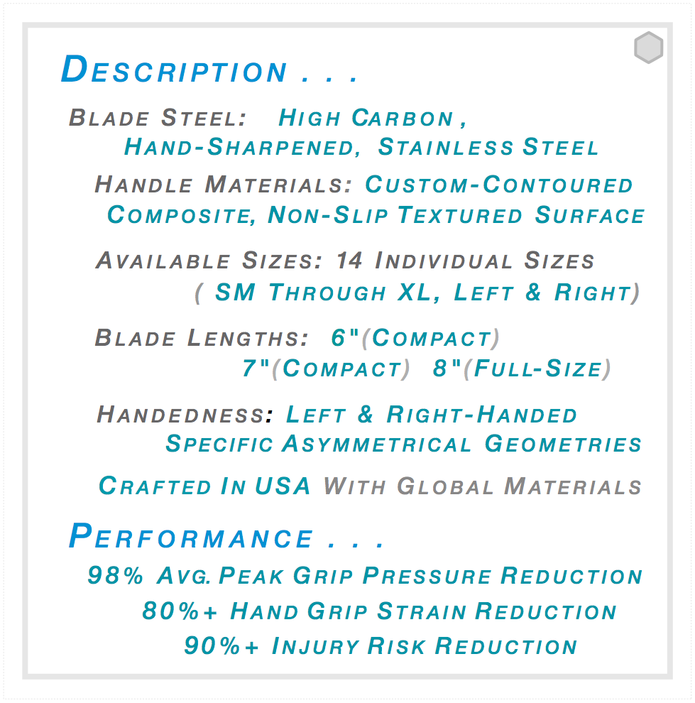 A text-based product description listing the specifications of a hand tool, emphasizing high-carbon stainless steel blade, custom-contoured composite handle, available sizes, blade lengths, handedness, and performance features like grip pressure reduction and injury risk reduction.