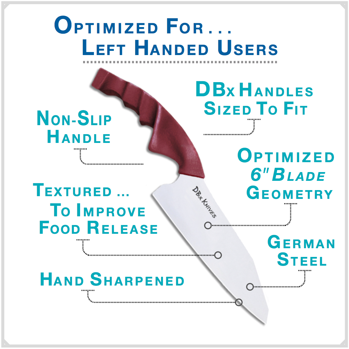 6-inch DBx Chef Knife optimized for left-handed users: sized-to-fit handle, non-slip grip, textured for food release, German steel blade, hand-sharpened.