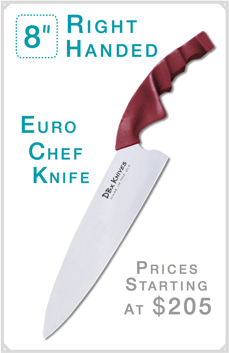 DBx Knives 8-inch right-handed Euro Chef Knife. Classic euro blade profile, asymmetrical hand-optimized handle sized-to-fit from 14 right-hand variants. Available in red, black or blue. Made in the USA. Prices starting at $205.