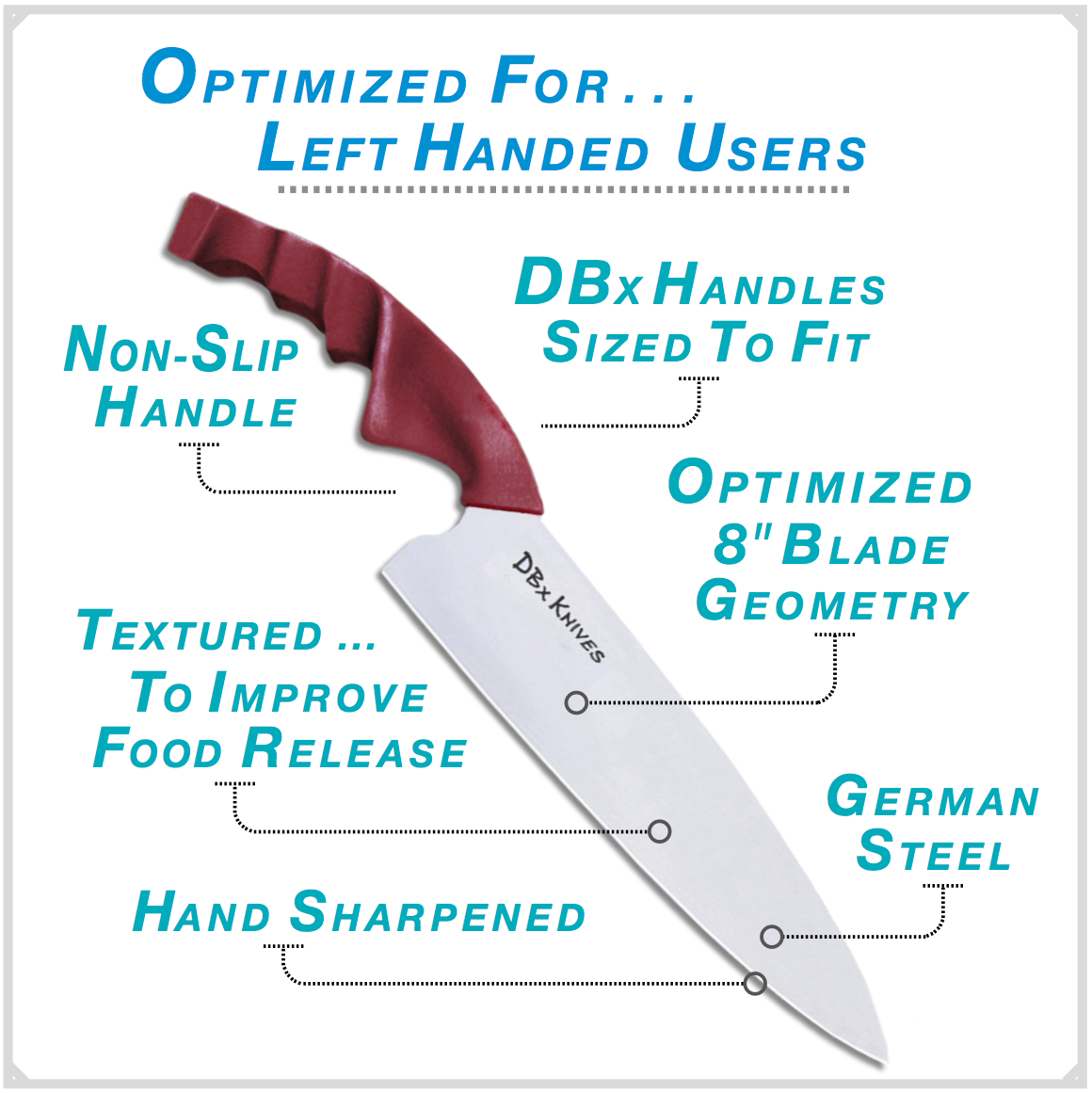 8-inch DBx Euro Chef Knife optimized for left-handed users: sized-to-fit handle, non-slip grip, textured for food release, German steel blade, hand-sharpened.