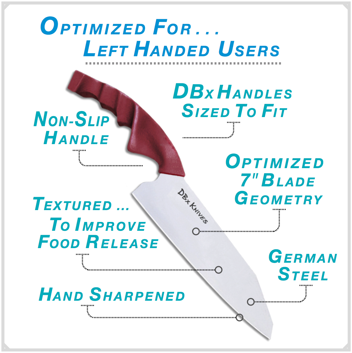 7-inch DBx Chef Knife optimized for left-handed users: sized-to-fit handle, non-slip grip, textured for food release, German steel blade, hand-sharpened.