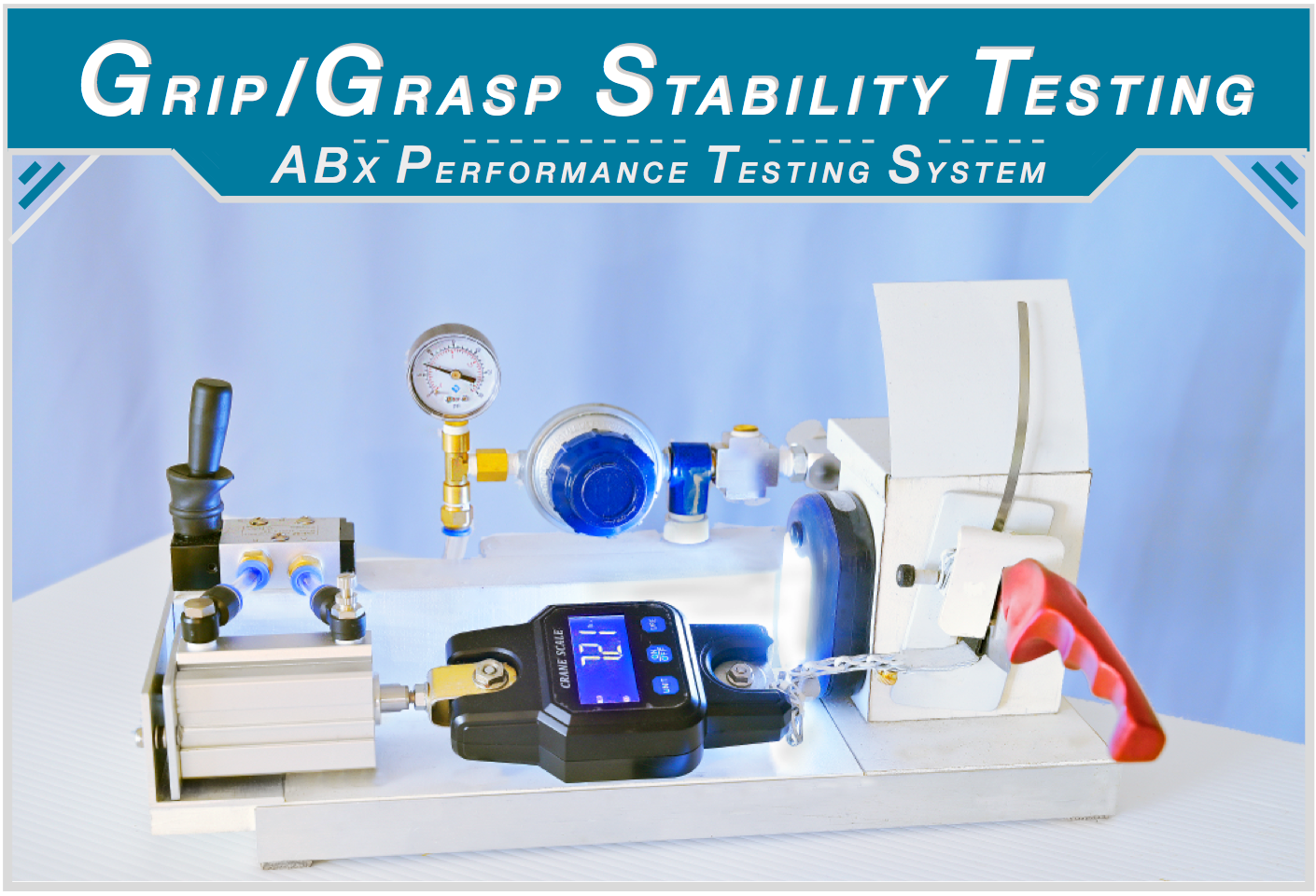 Grip/Grasp Stability Testing — ABx Performance Testing System. Custom-built instrumented apparatus measuring knife grip stability under real-world cutting conditions. Every handle profile and performance claim validated through in-house equipment.