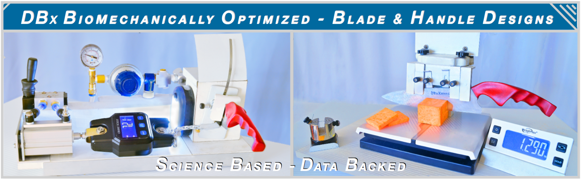 Instrumented ABx performance testing apparatus measuring culinary knife grip stability and cutting force on high density foods under real-world conditions.