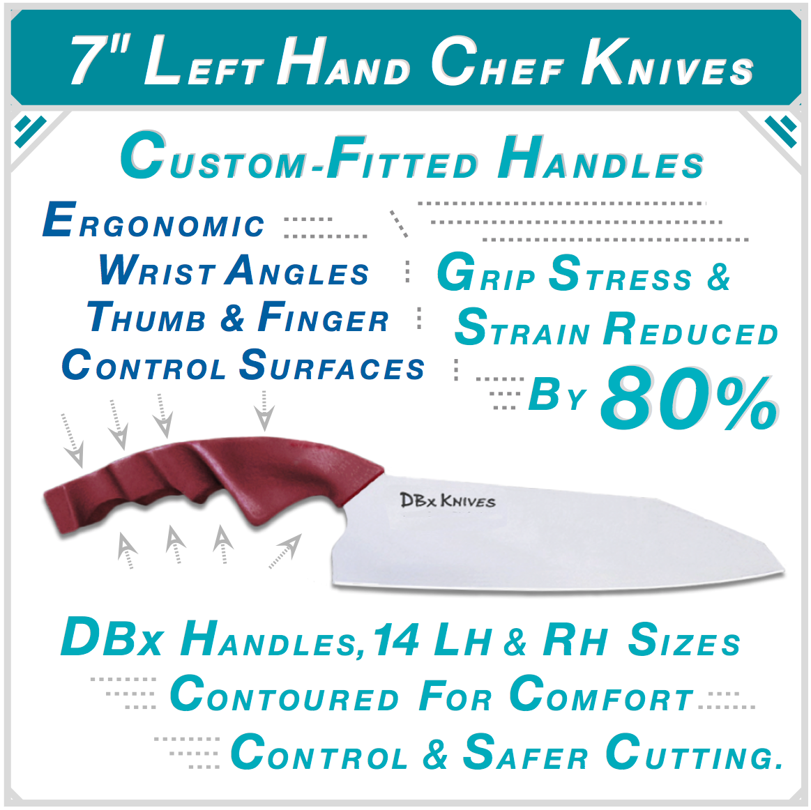 7-inch left-hand DBx Chef Knife with custom-fitted handle, ergonomic wrist angles, and thumb and finger control surfaces. Grip stress and strain reduced by 80%. 14 left- and right-hand sizes.