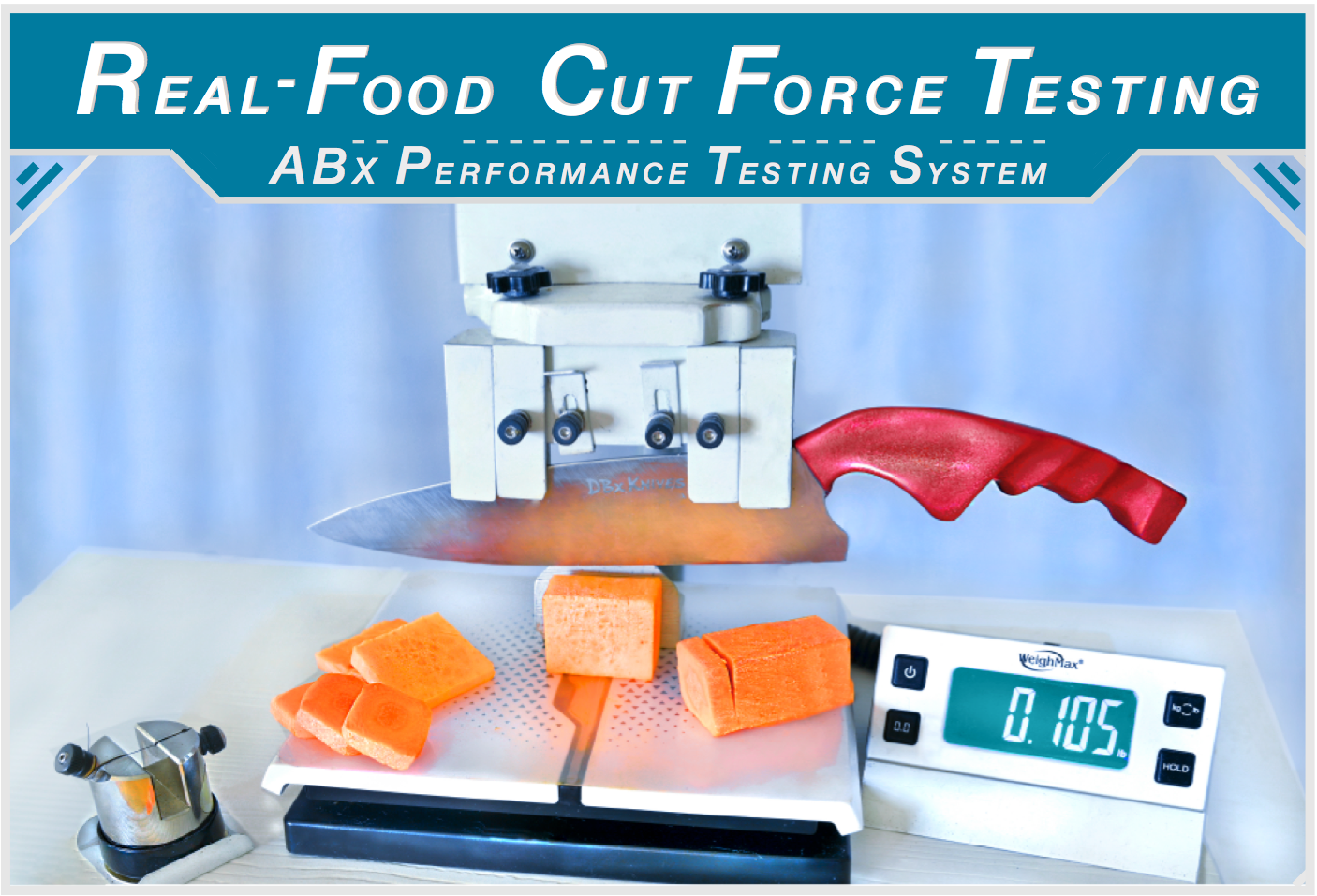 A lab setup for food cut force testing, featuring a mounted blade, a red synthetic stabbing object, and several orange sponge-like food samples on a scale showing a weight of 0.105 pounds.