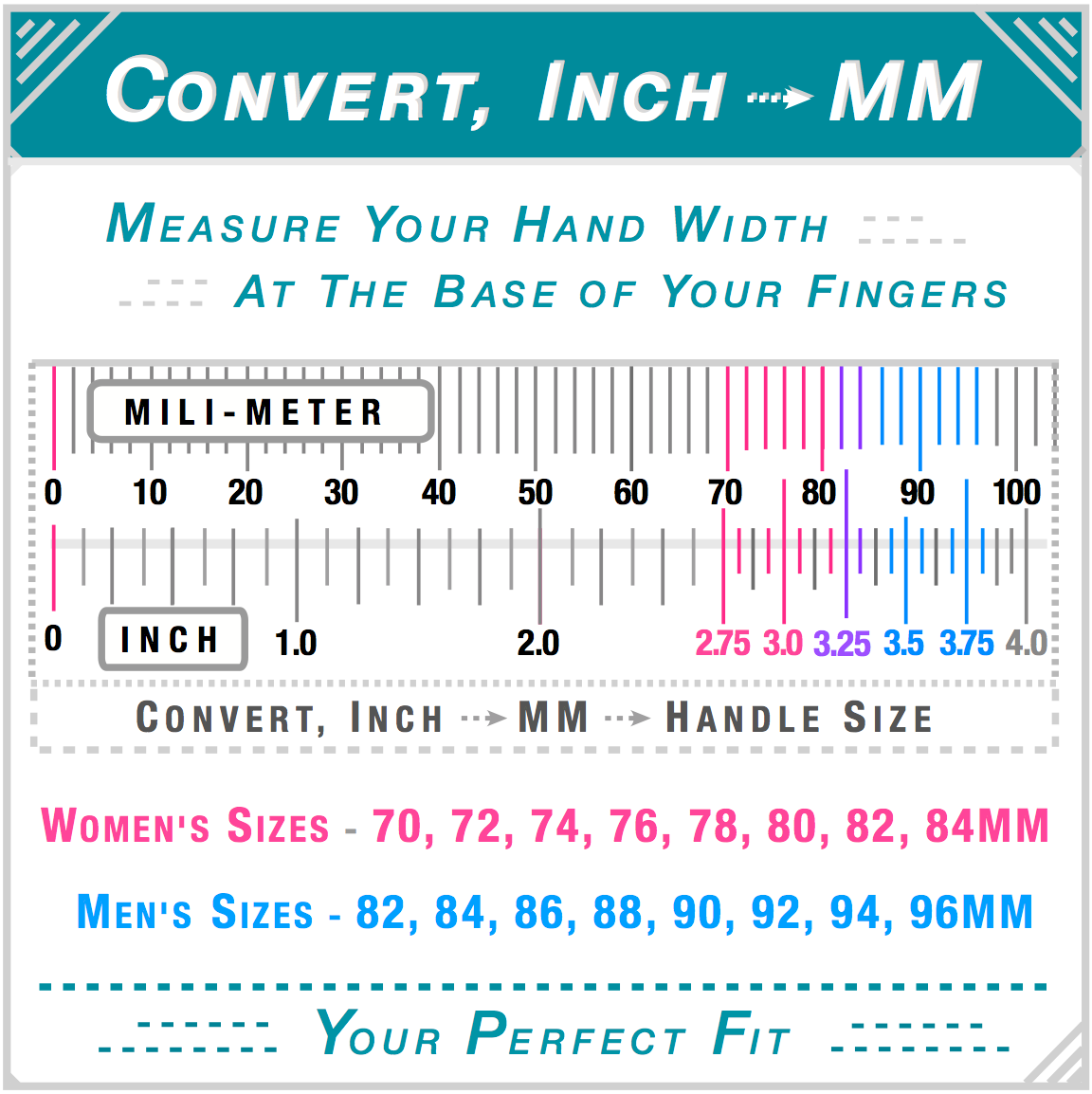 How to measure for your DBx handle size — measure hand width at base of fingers. Convert inches to millimeters: 2.75 inch equals 70mm, 3.0 equals 76mm, 3.5 equals 88mm, 3.75 equals 96mm. 14 left and right-hand sizes. Women's 70-84mm, men's 82-96mm.